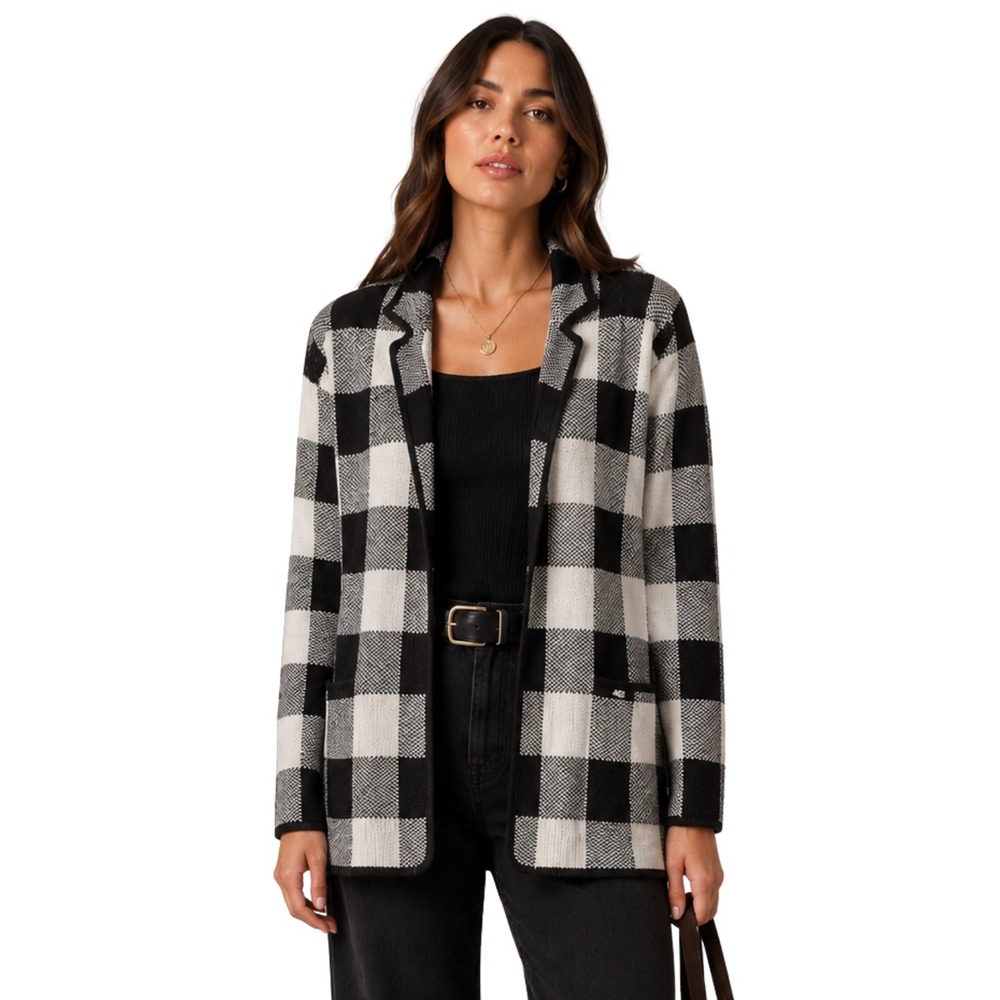 Talbots Cardigan Sweater Coat 2X Black White Buffalo Plaid Thick Knit Pockets